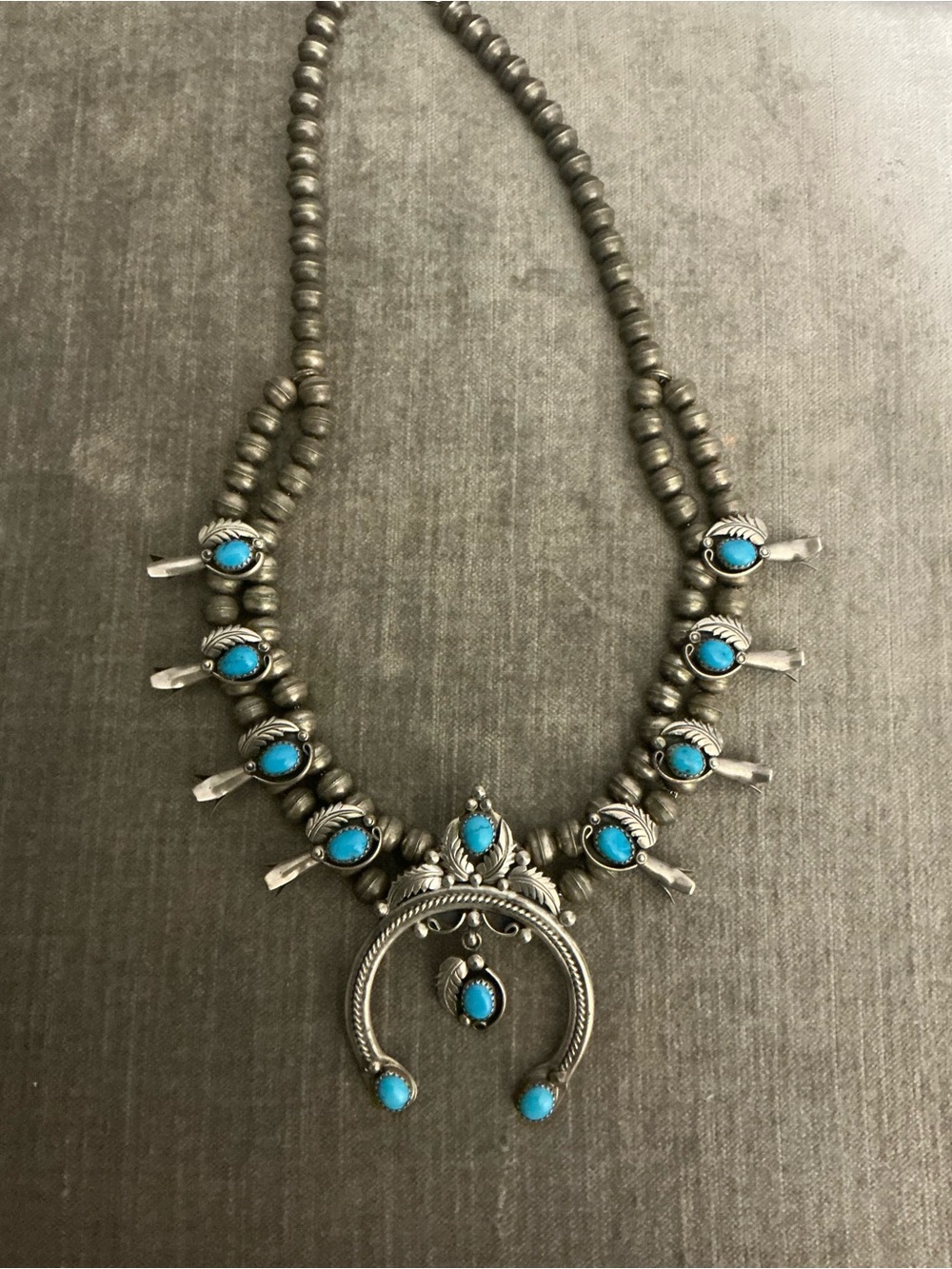 Navajo C HALEY Turquoise/Sterling Silver Squash Blossom Necklace